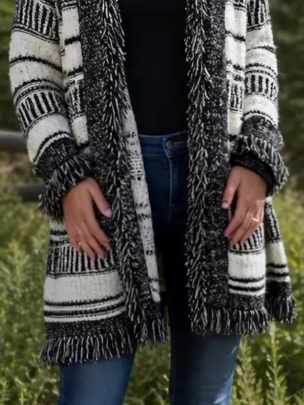 Simply Couture Black & White Fringe Open-Front Cardigan